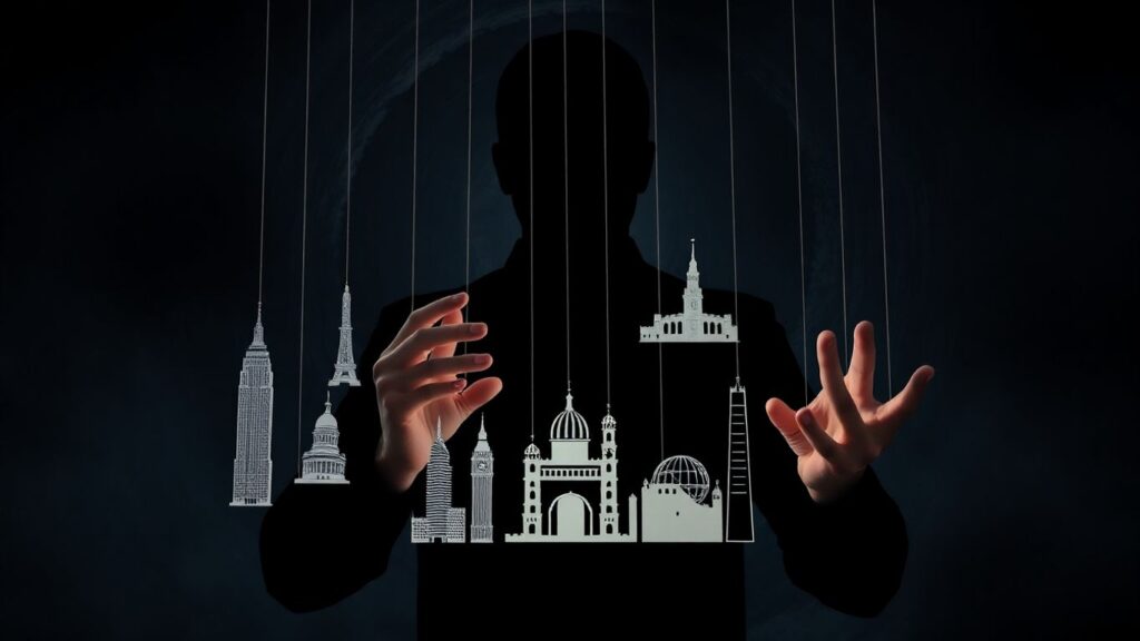 Global control revealed through shadowy manipulation.