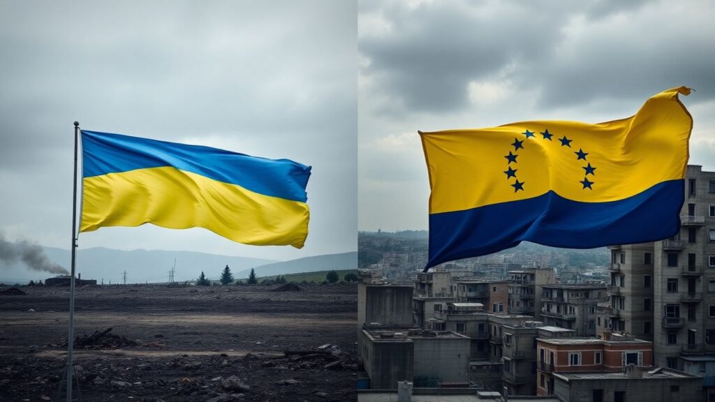 Ukrainian and Venezuelan flags over war-torn landscapes.