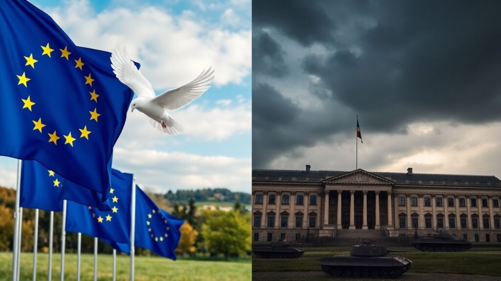 European flags, dove of peace, Ukrainian landscape, stormy sky, tanks.