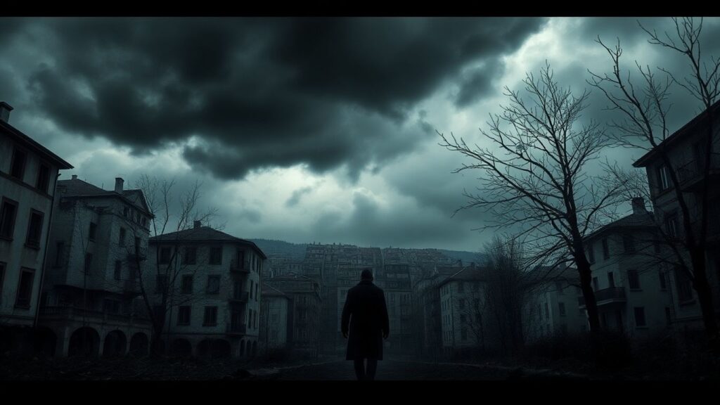 Stormy skies over a decaying European cityscape.