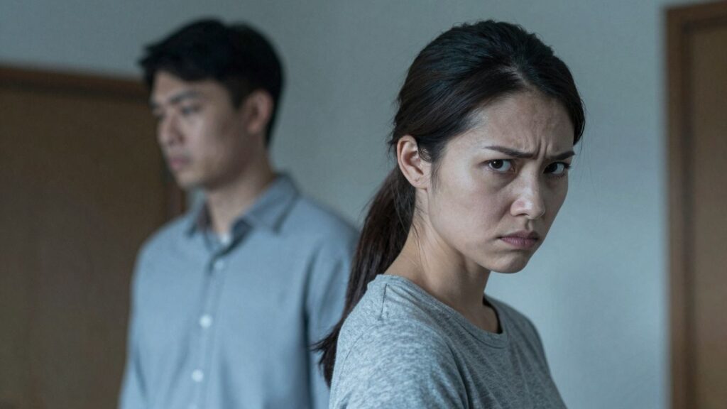 Woman looking away from dejected man, relationship tension.