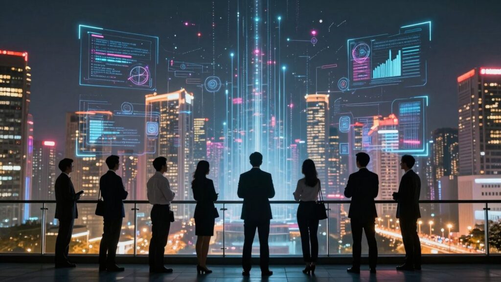 Futuristic cityscape with data streams and holographic projections.