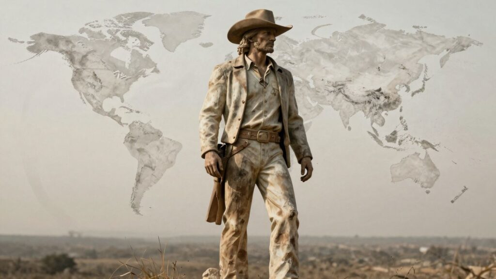 Statue of Western figure looking towards a dim horizon.