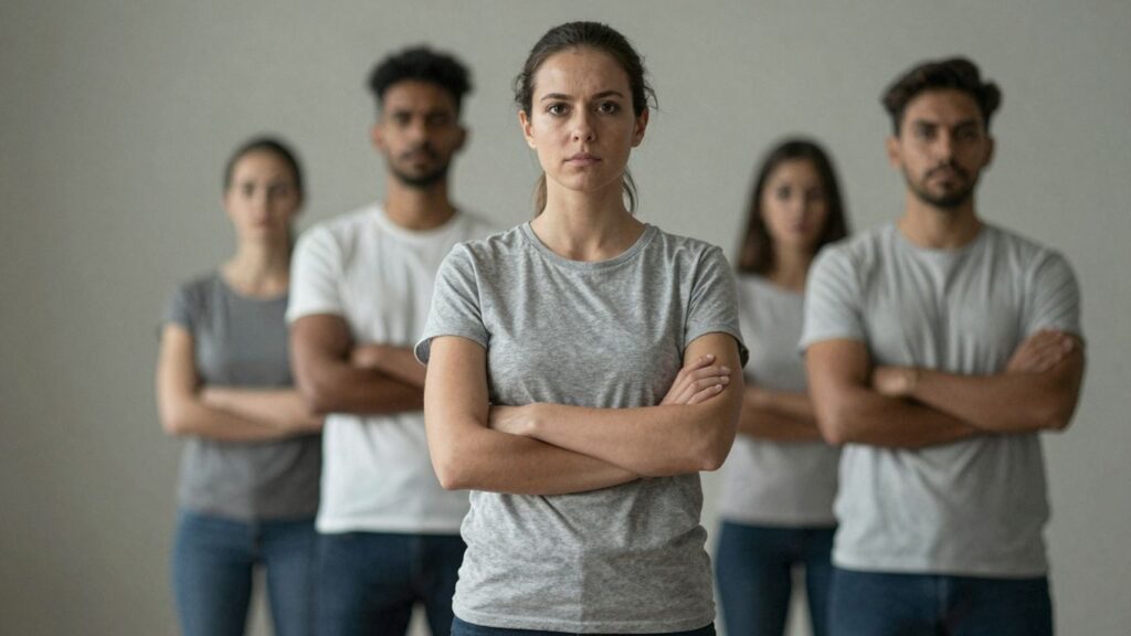 Person standing firm, others receding into distance.
