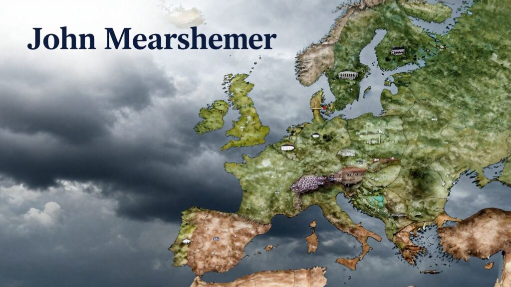 [John Mearsheimer] with a dark, stormy European map backdrop.