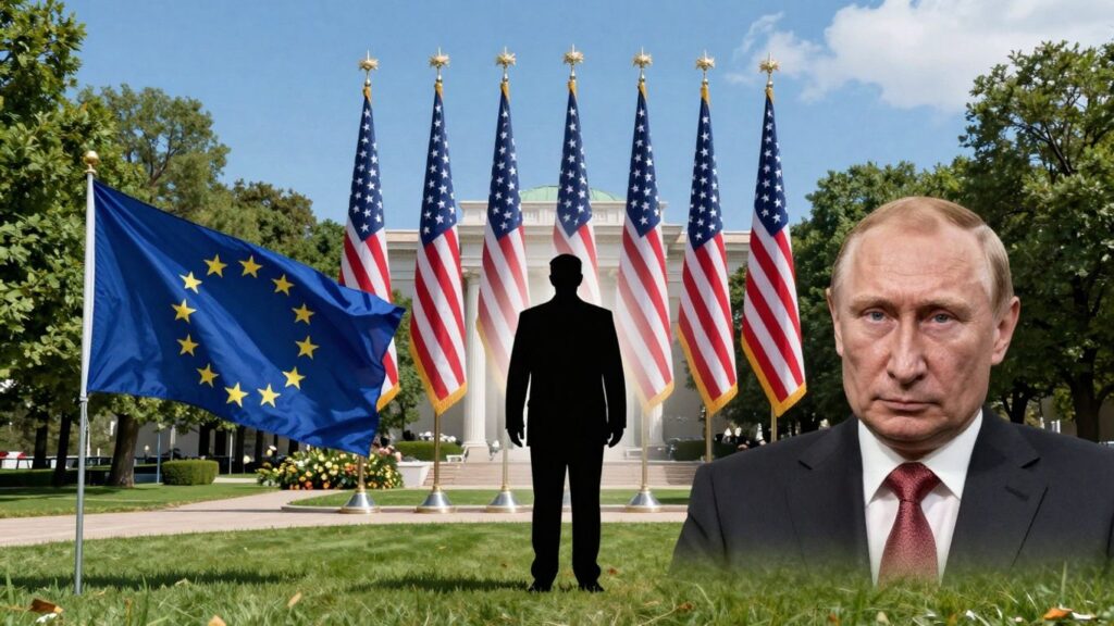 EU flag, [Donald Trump], and [Vladimir Putin] figures.