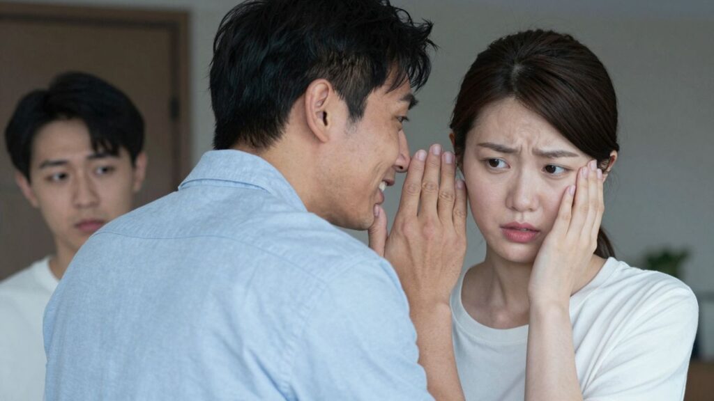 Man whispering lies to a woman, woman looks suspicious.