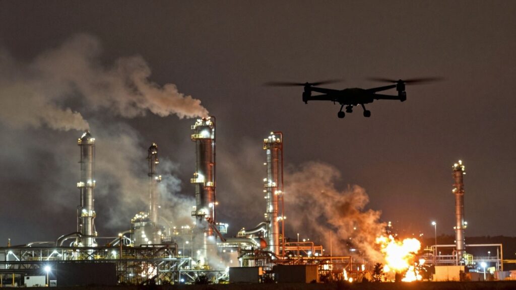 Ukrainian drone flying towards burning Russian oil refinery.