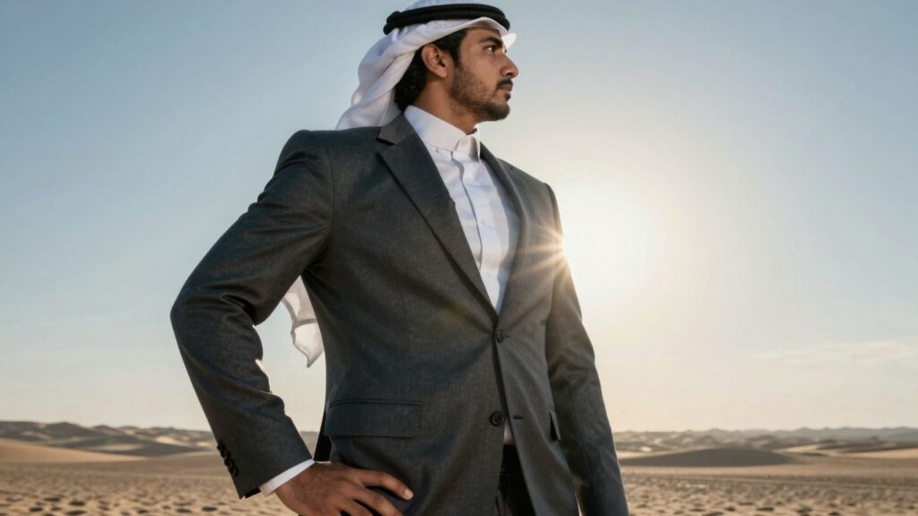 Person in suit looking towards a bright, successful future.