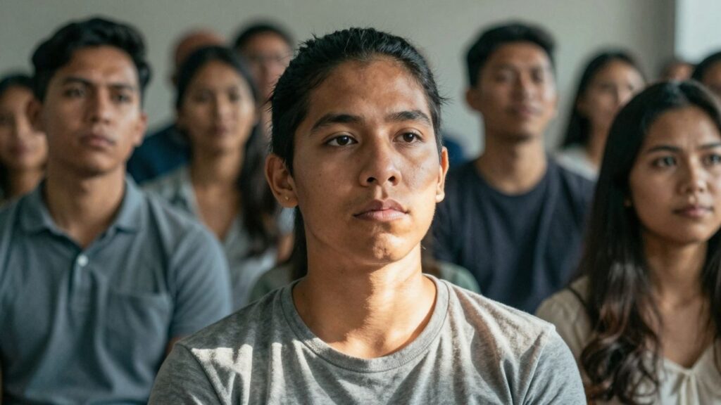 Person turning skeptical faces into approving smiles.