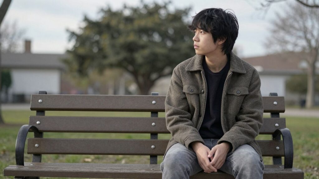Person sitting alone on a park bench looking thoughtful.