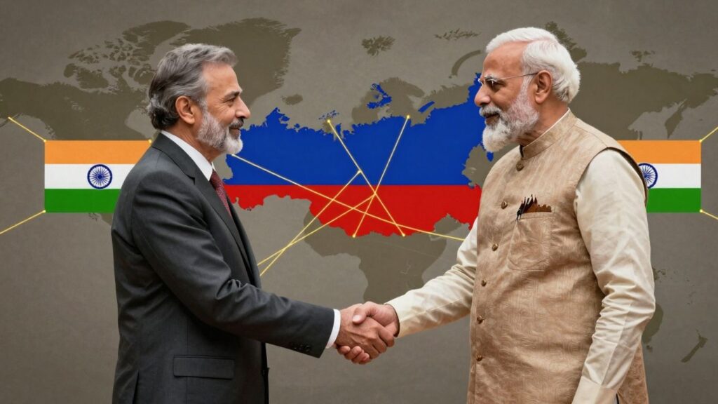 Russia and India flags, handshake, global trade partnership