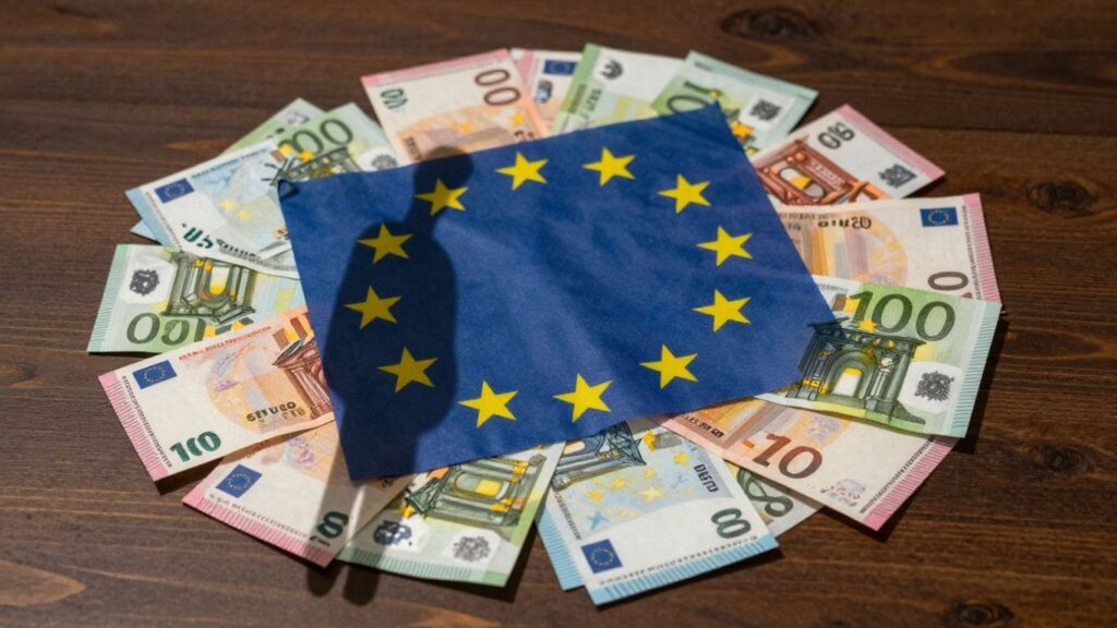EU flag over money, political uncertainty