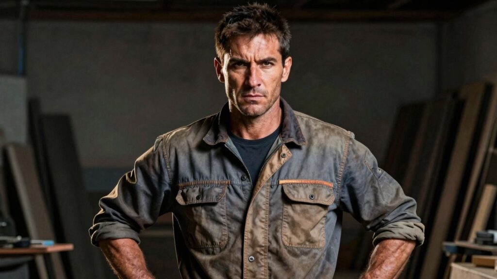 Hardworking man with calloused hands, looking determined.