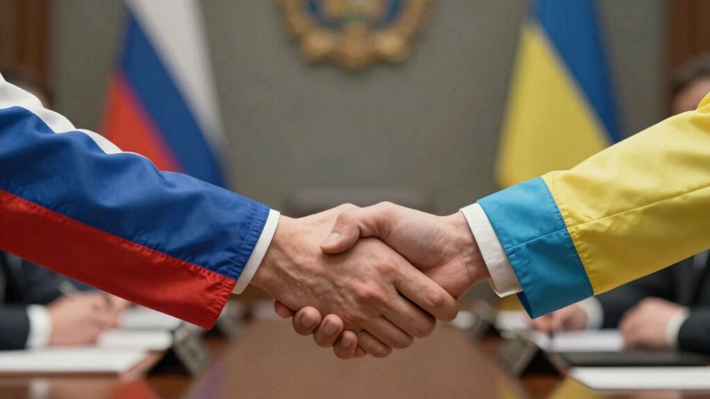 Russia and Ukraine flags meeting at a negotiation table.
