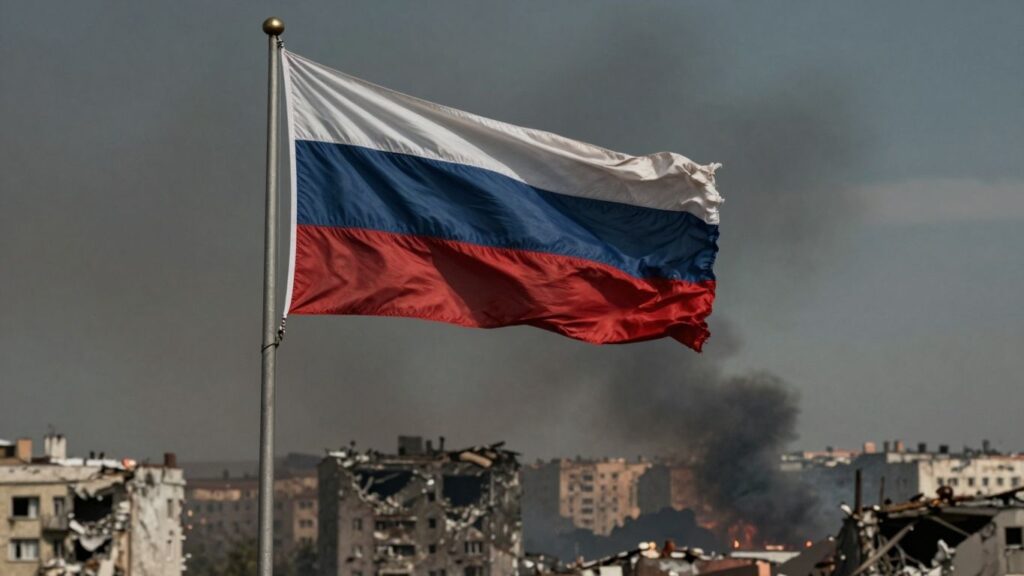 Russian flag over damaged Ukrainian city.
