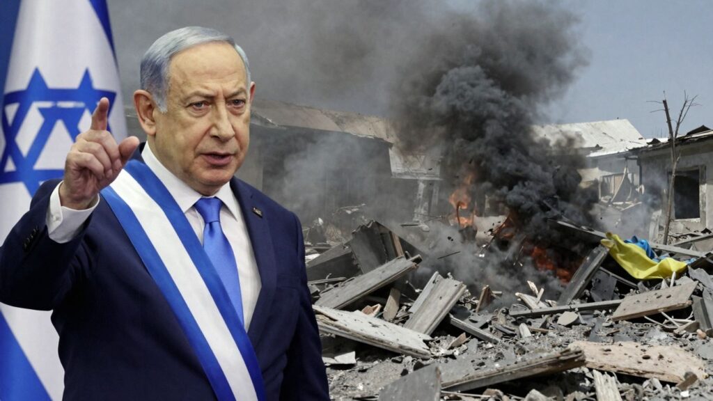 Netanyahu and Ukraine conflict imagery.