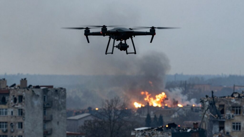 Ukrainian drone flying over a war-torn city at night.