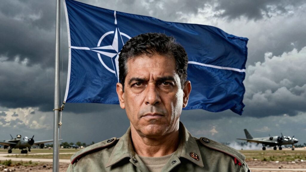 NATO flag and Pepe Escobar discussing global geopolitics.