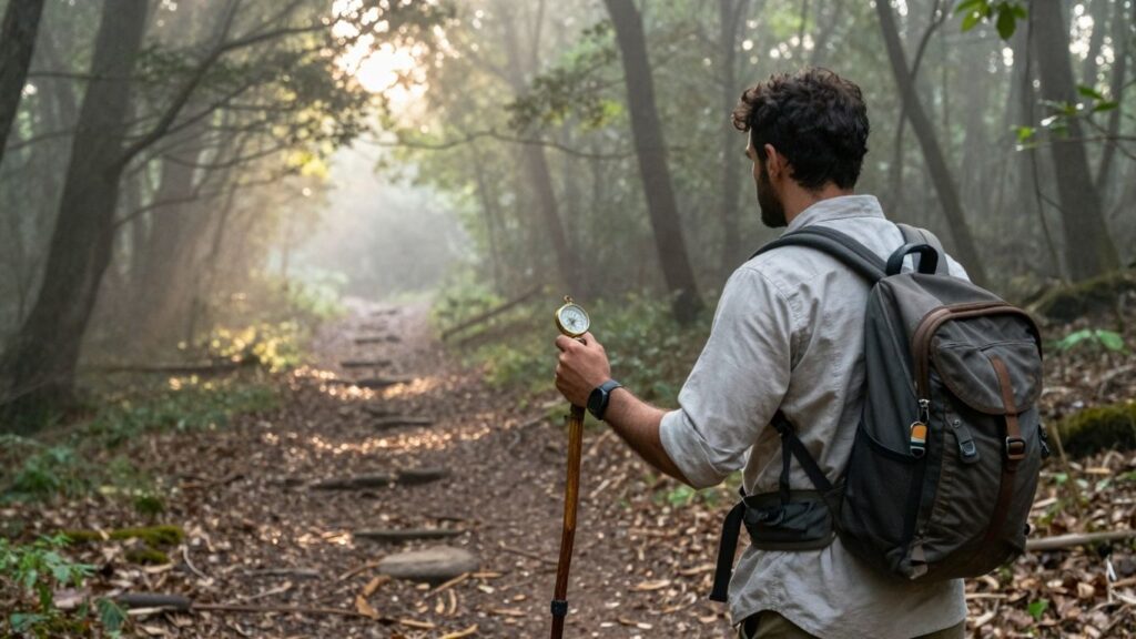 Person with compass walking on a clear path through fog.