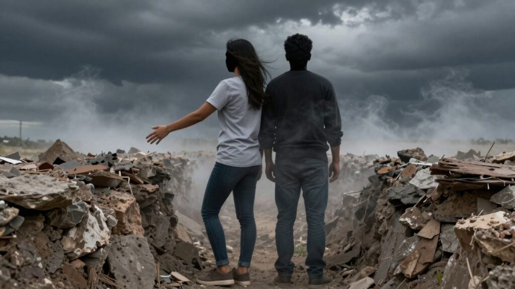 Couple facing away from each other, separated by a misty chasm.