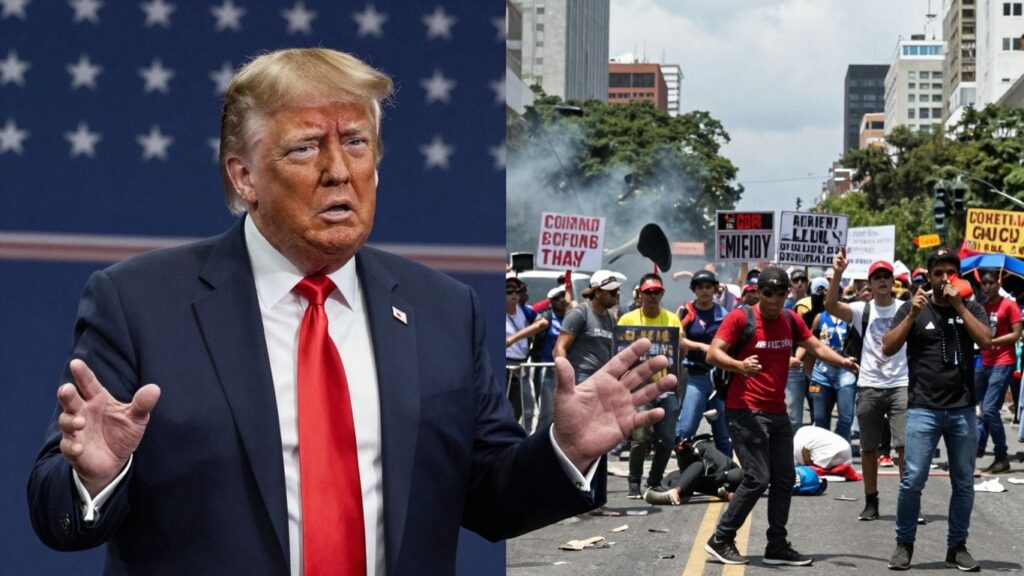 Trump gestures, split with Venezuela unrest image.