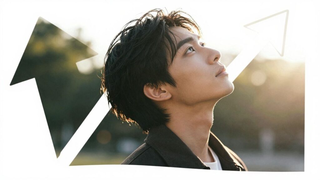 Person looking up with upward arrow and sunlight.