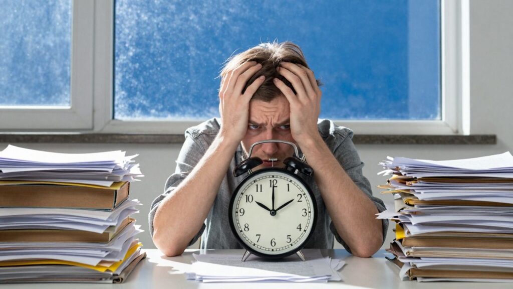 Overwhelmed person at a desk with scattered papers and a clock.