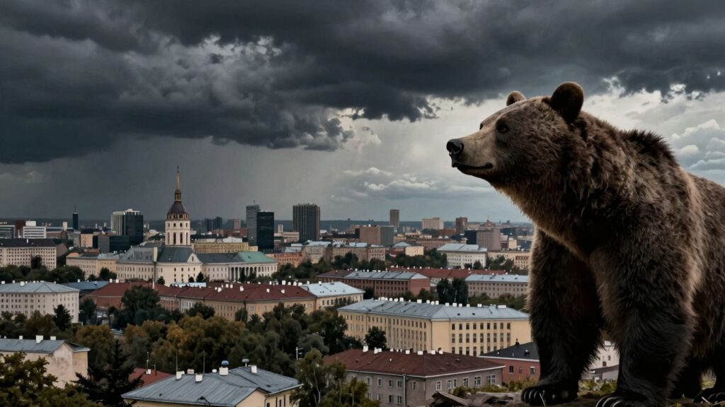 European cityscape facing a silhouetted bear figure.