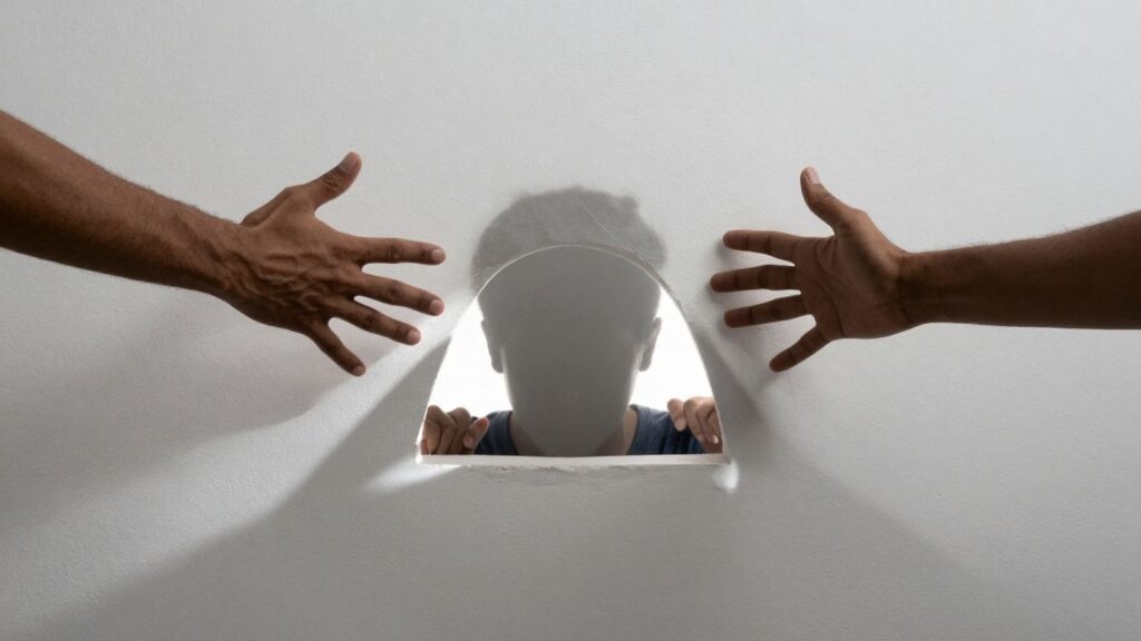 Person stepping out of shadows into a spotlight.