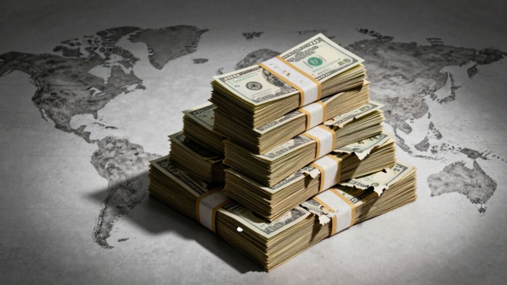 US debt crushing global power illustrated by money stack.