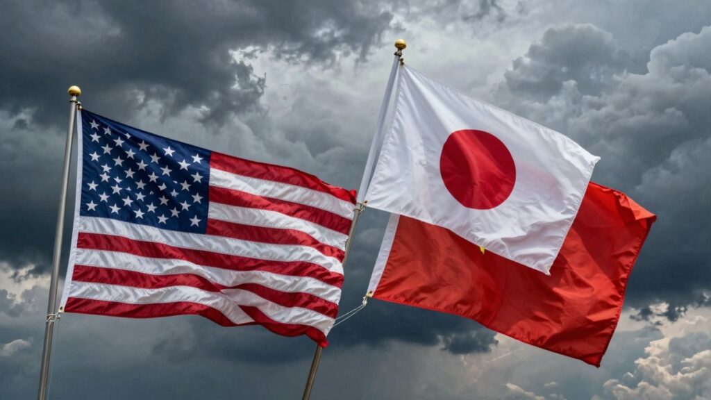US flag, Japan flag, China flag, stormy sky