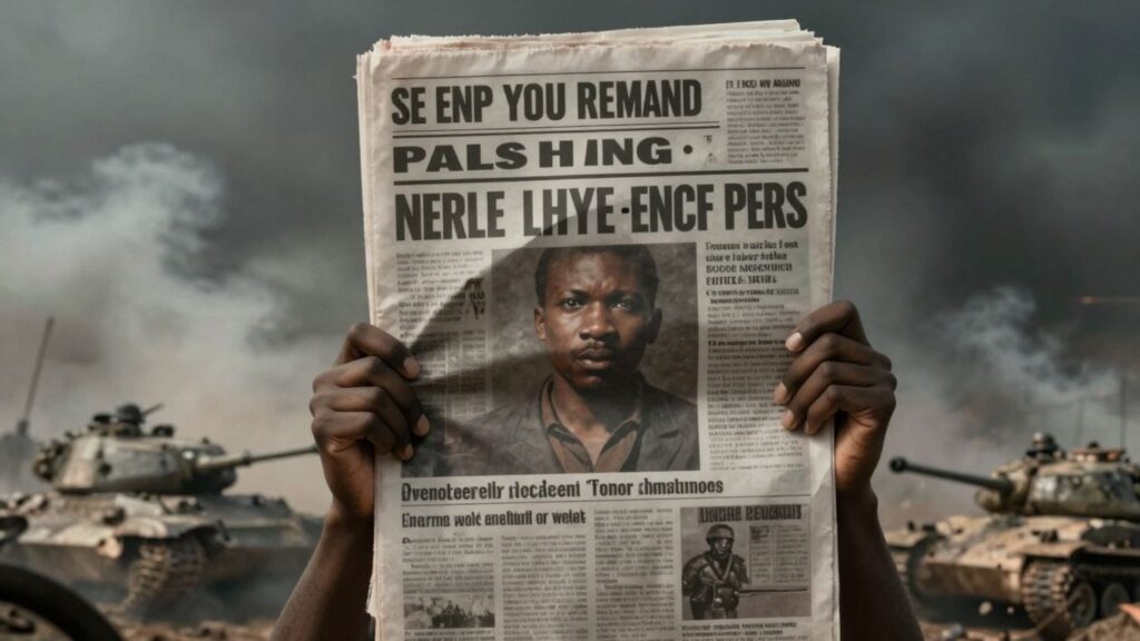 Distorted newspaper headline over a chaotic battlefield scene.