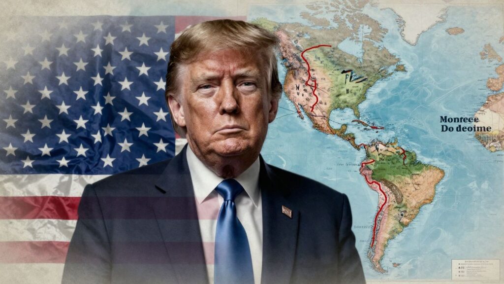 Trump and historical map illustrating Monroe Doctrine concept.