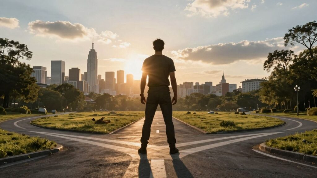 Person at a crossroads, choosing between city and nature.