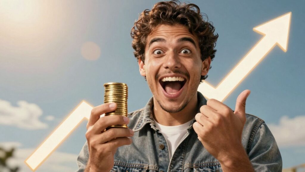 Person holding gold coins with upward arrow.