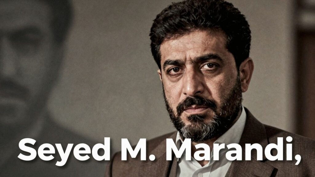 Portrait of Seyed M. Marandi, serious expression, conflict background.