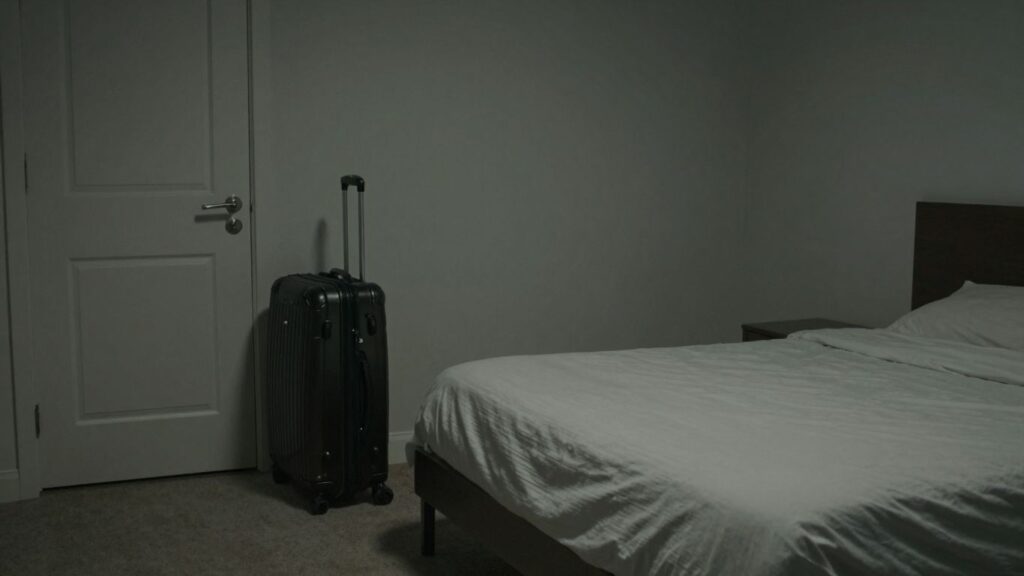 Empty side of bed, suitcase by door, marriage disconnect.