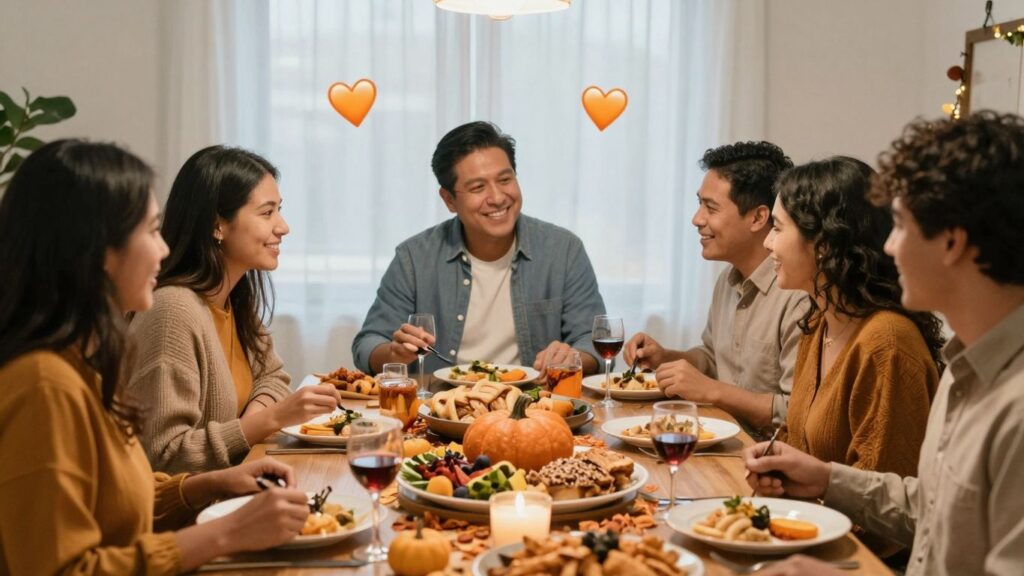 Thanksgiving hangout with food and happy people.