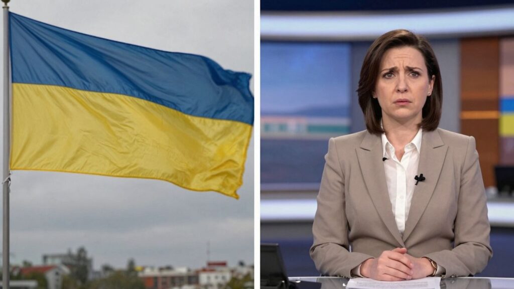 Ukrainian flag and concerned news anchor discussing the war.