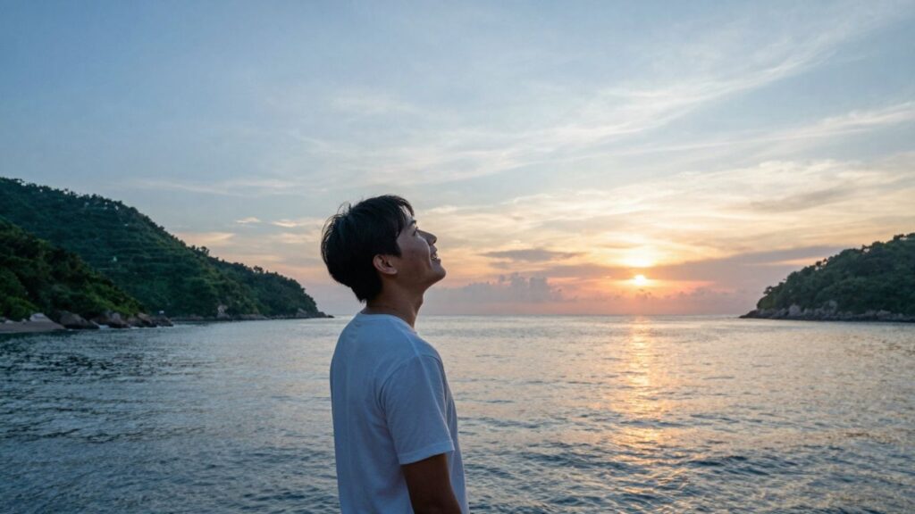 Person enjoying a beautiful sunset over the ocean.