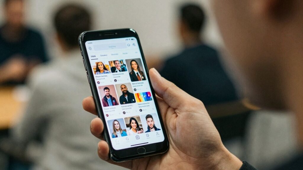 Smartphone displaying social media feed in a person's hand.