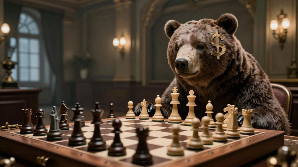 Russian bear watches European chess game with dollar sign.