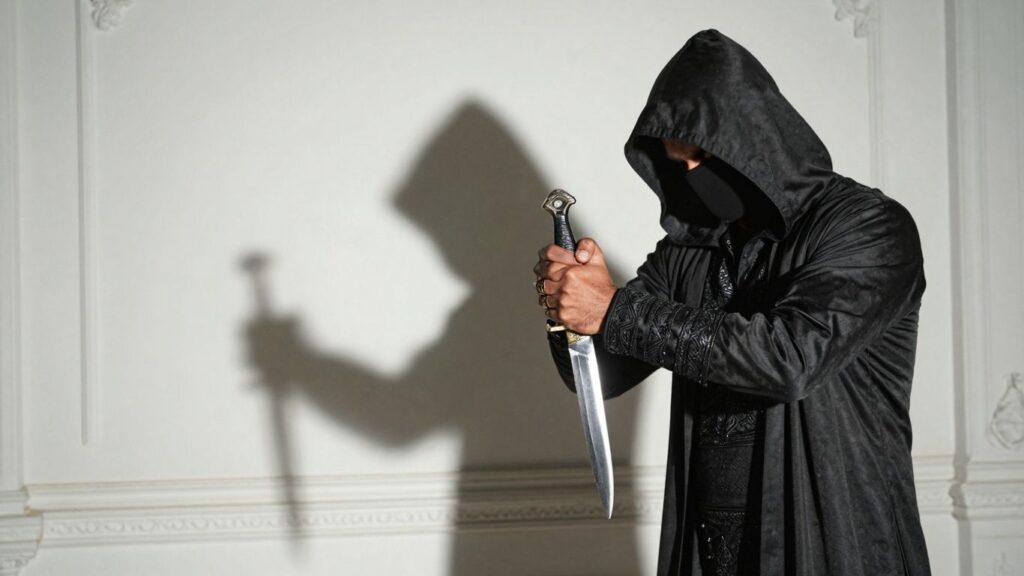 Ruthless leader with a dagger in a dark, powerful setting.