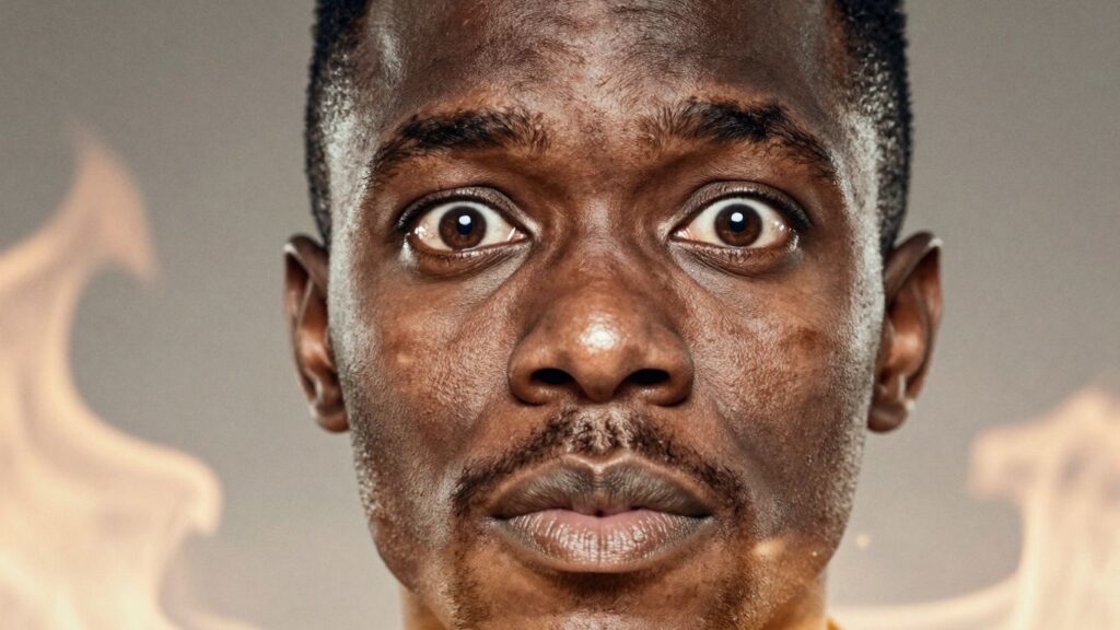 Man's face with eyes wide open, illuminated by light.