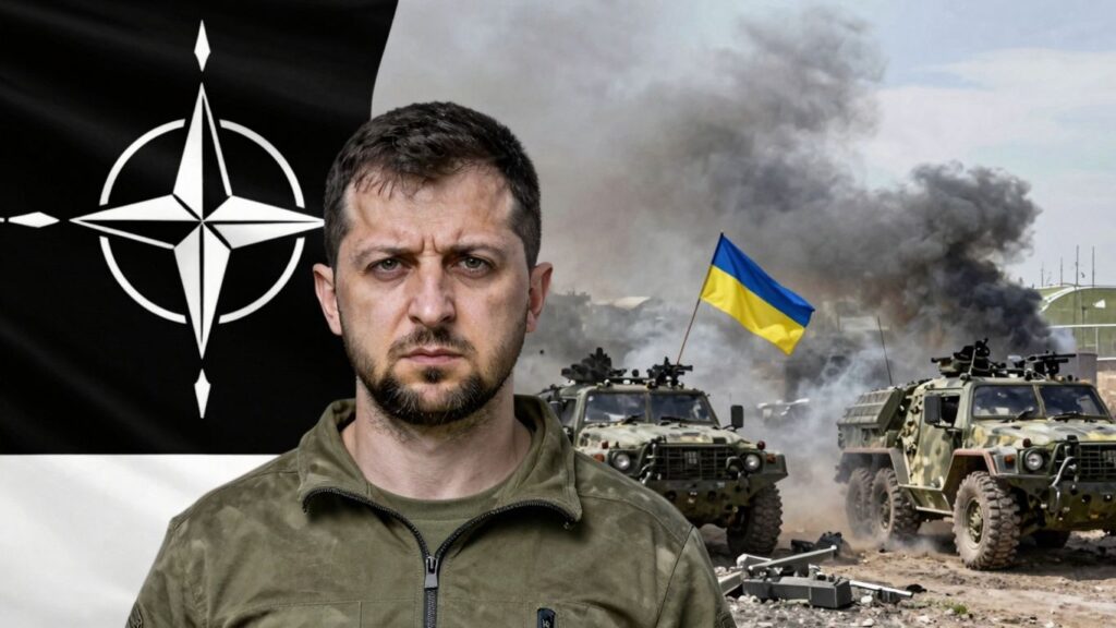 NATO flag and Ukraine conflict imagery.