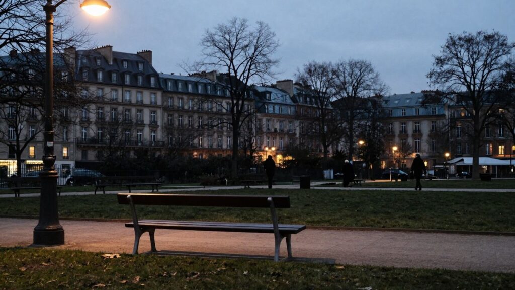 European cityscape with elderly figures and empty park bench.