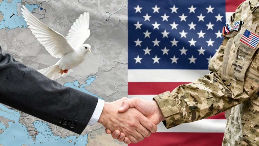 Peace plan handshake and dove over conflict map