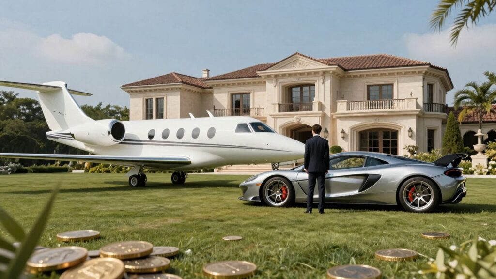 Ultra-rich person's mansion, jet, and sports car.