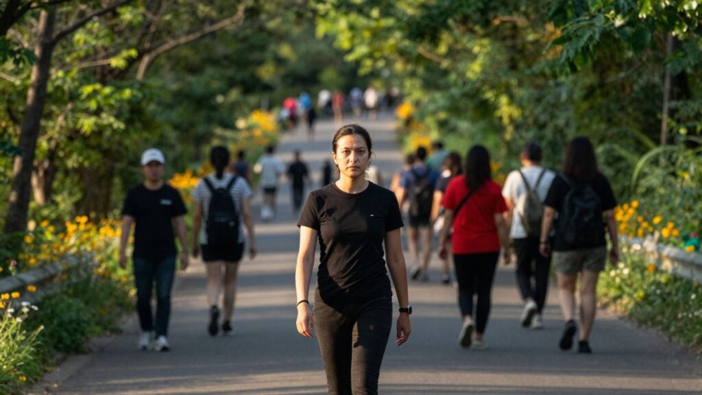 Person walking on a path, leaving a crowded road behind.
